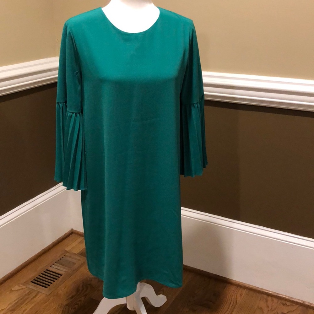 Est 1946 Green Dress with Pleated Bell Sleeves.